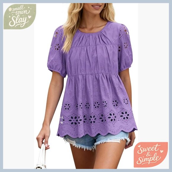 Tops - Loose Fit Babydoll Top Embroidered Eyelet Summer Blouse Short Sleeve